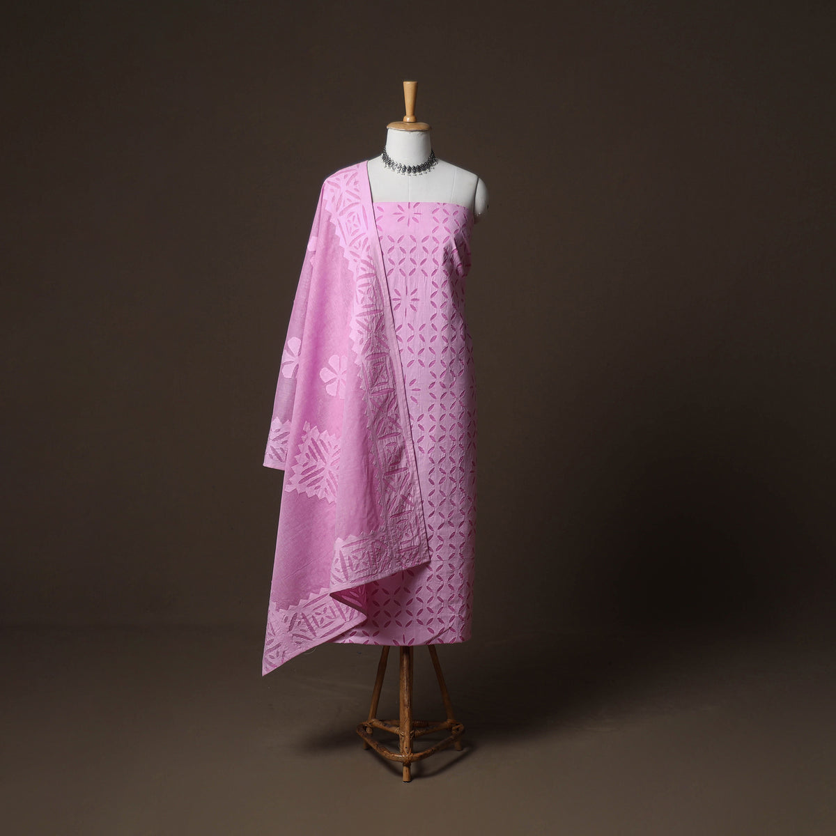 Applique Cutwork Cotton Unstitched Dress Material: Kurta, Bottom & Dupatta 31