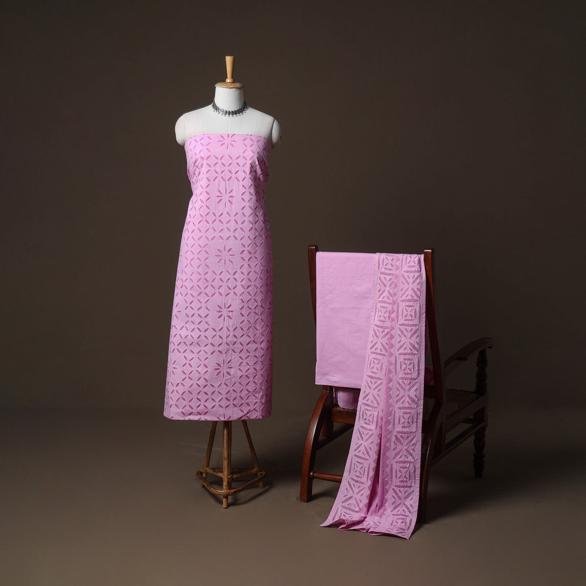 Applique Cutwork Cotton Unstitched Dress Material: Kurta, Bottom & Dupatta 31