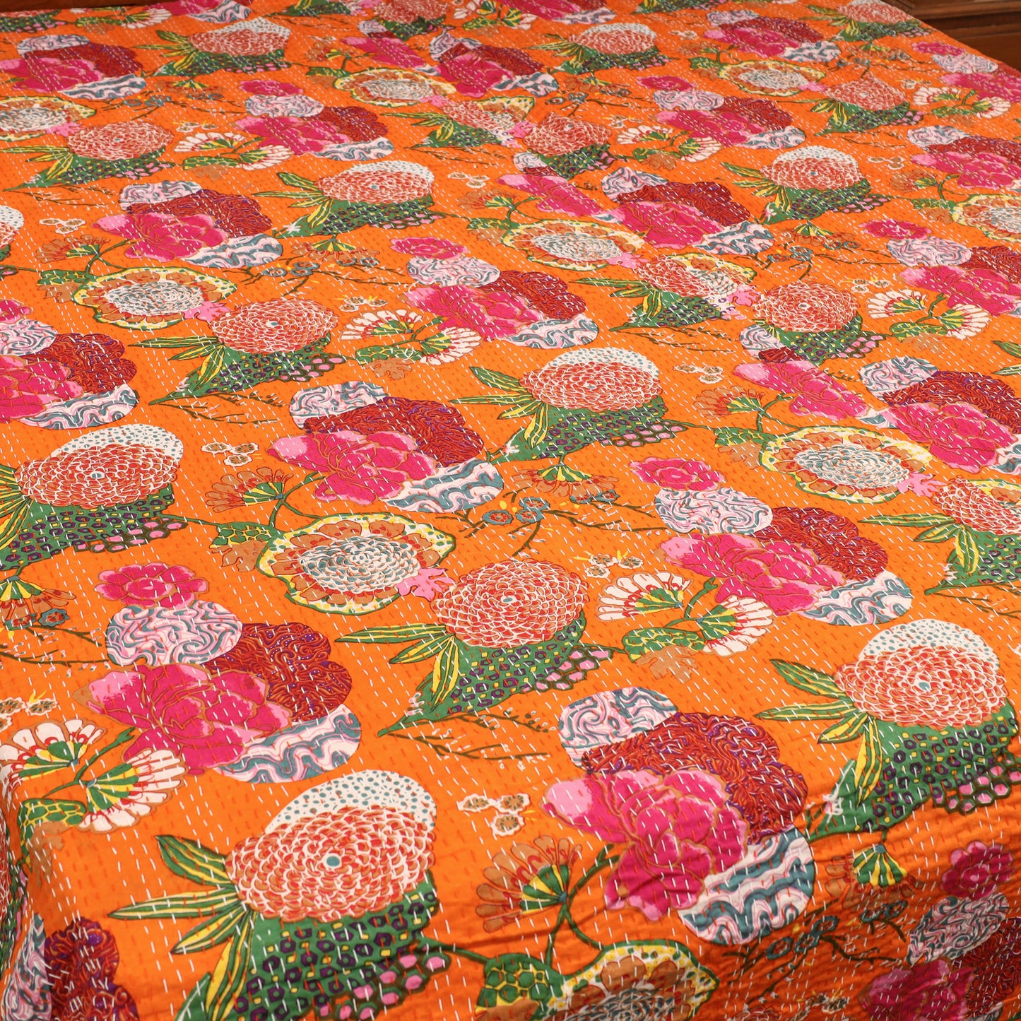 Orange - Jaipur Print Double Tagai Kantha Bed Cover 15