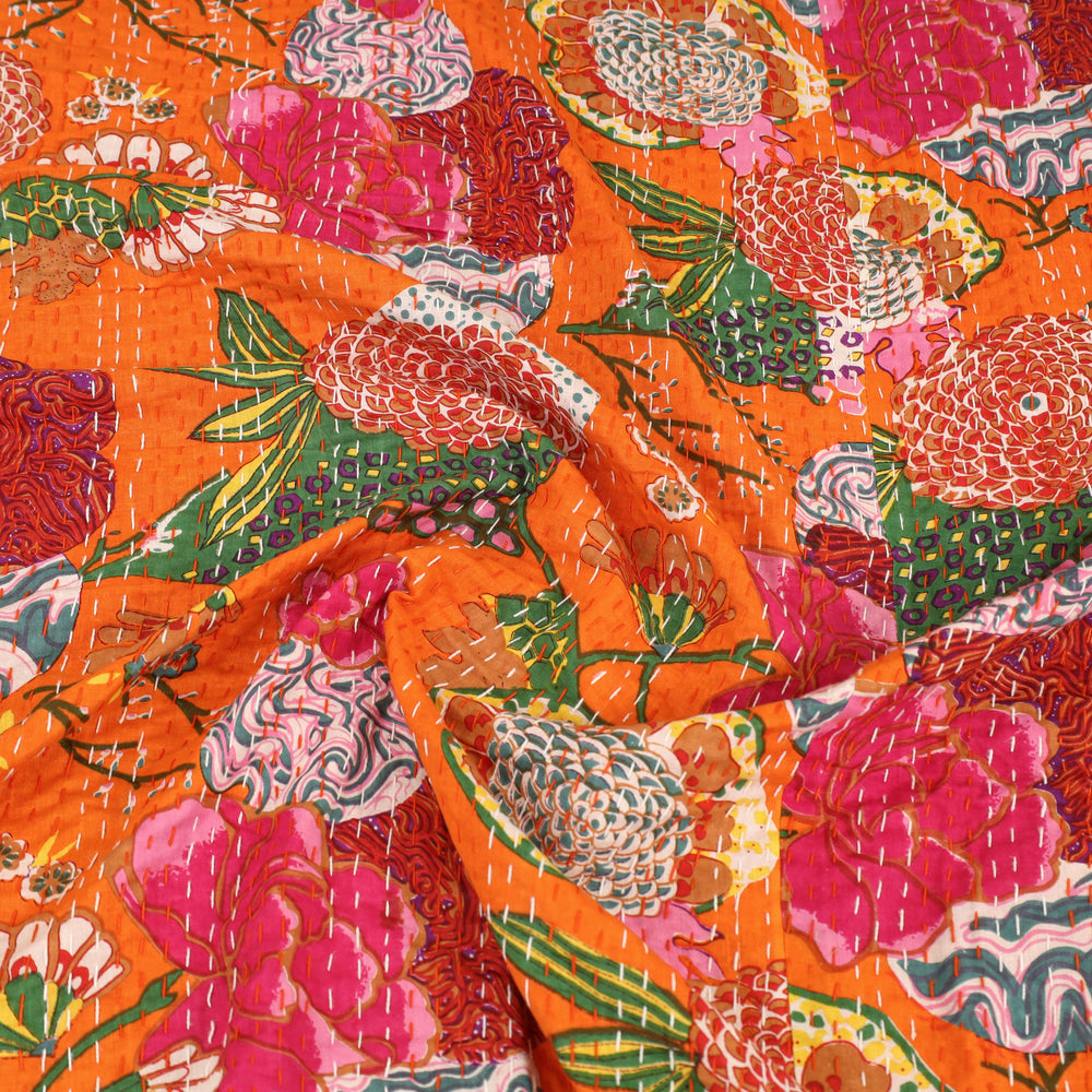 Orange - Jaipur Print Double Tagai Kantha Bed Cover 15