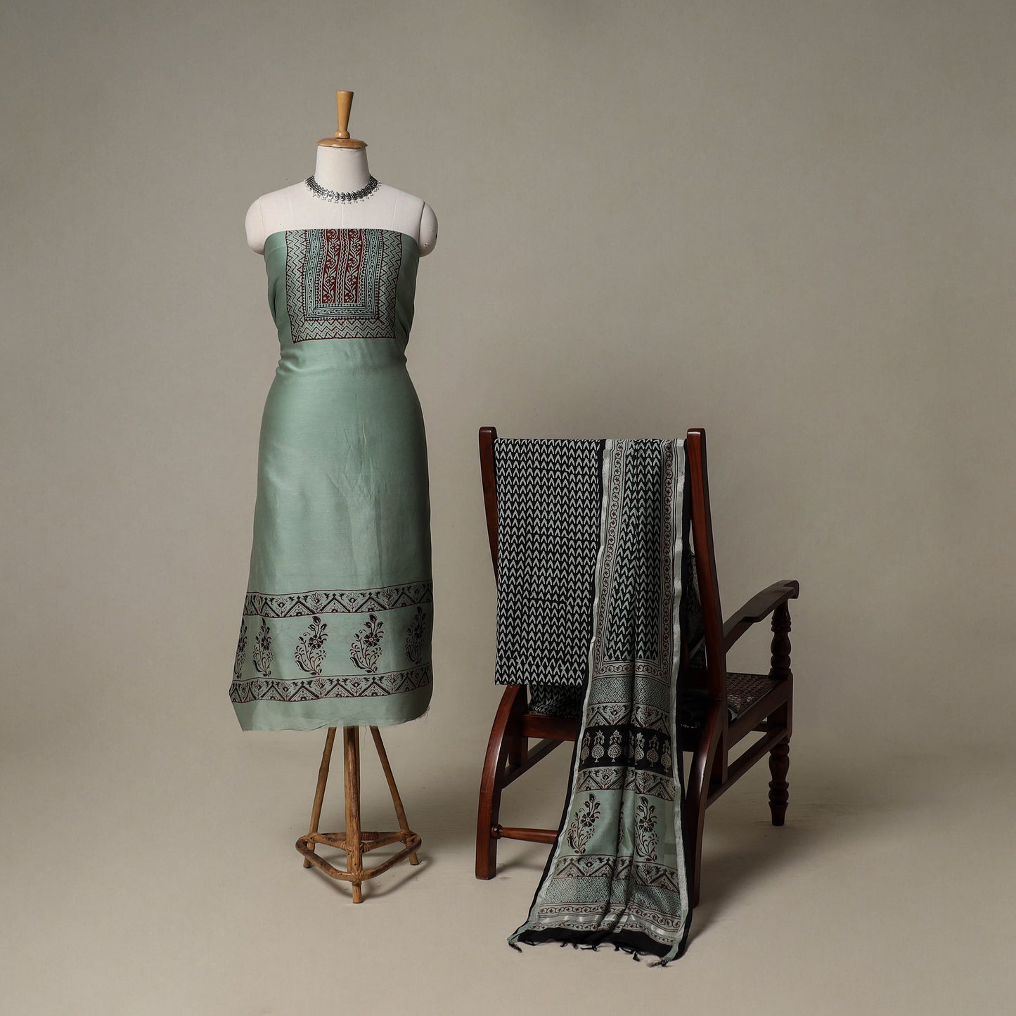 Bagh Hand Block Print Natural Dyed Chanderi Silk 3pc Unstitched Dress Material Suit Set 36