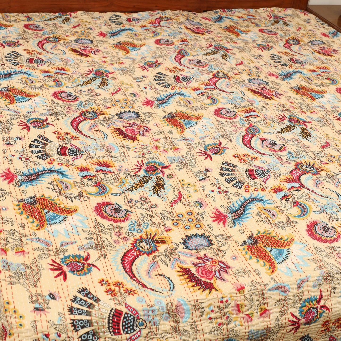 Beige - Jaipur Print Double Tagai Kantha Bed Cover 16