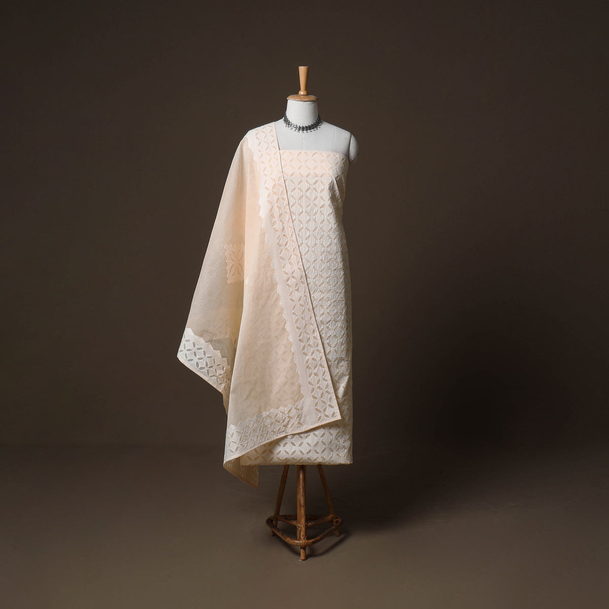 Applique Cutwork Cotton Unstitched Dress Material: Kurta, Bottom & Dupatta 32