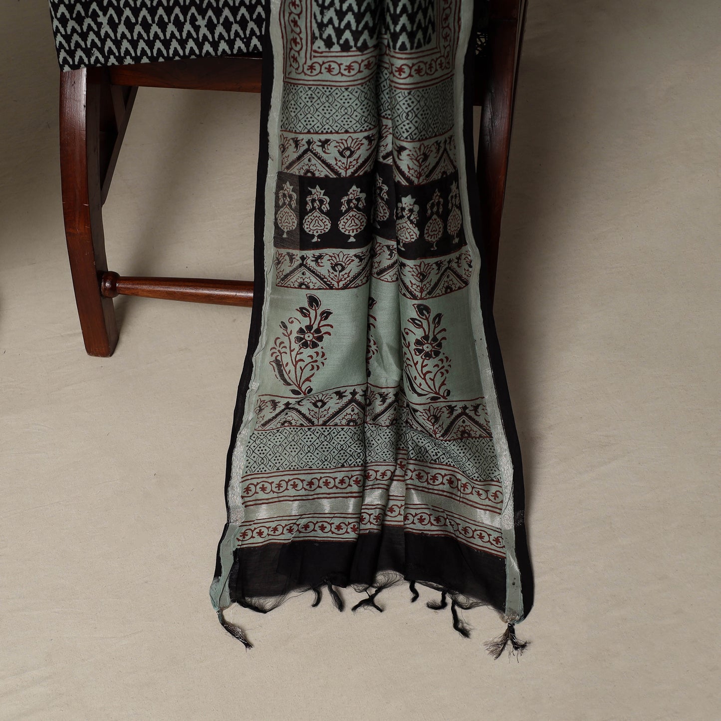 Bagh Hand Block Print Natural Dyed Chanderi Silk 3pc Unstitched Dress Material Suit Set 36