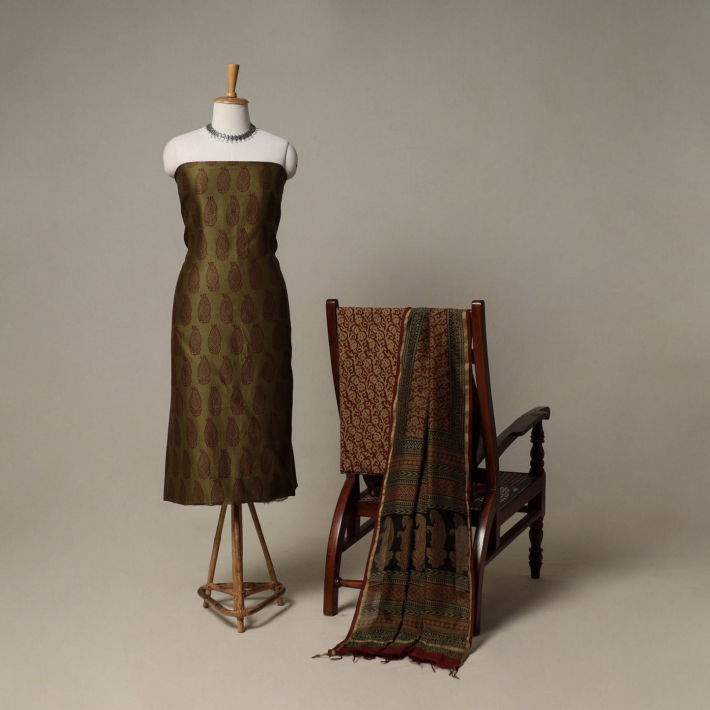 Bagh Hand Block Print Natural Dyed Chanderi Silk 3pc Unstitched Dress Material Suit Set 37