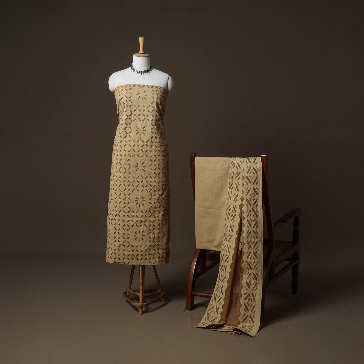 Applique Cutwork Cotton Unstitched Dress Material: Kurta, Bottom & Dupatta 33