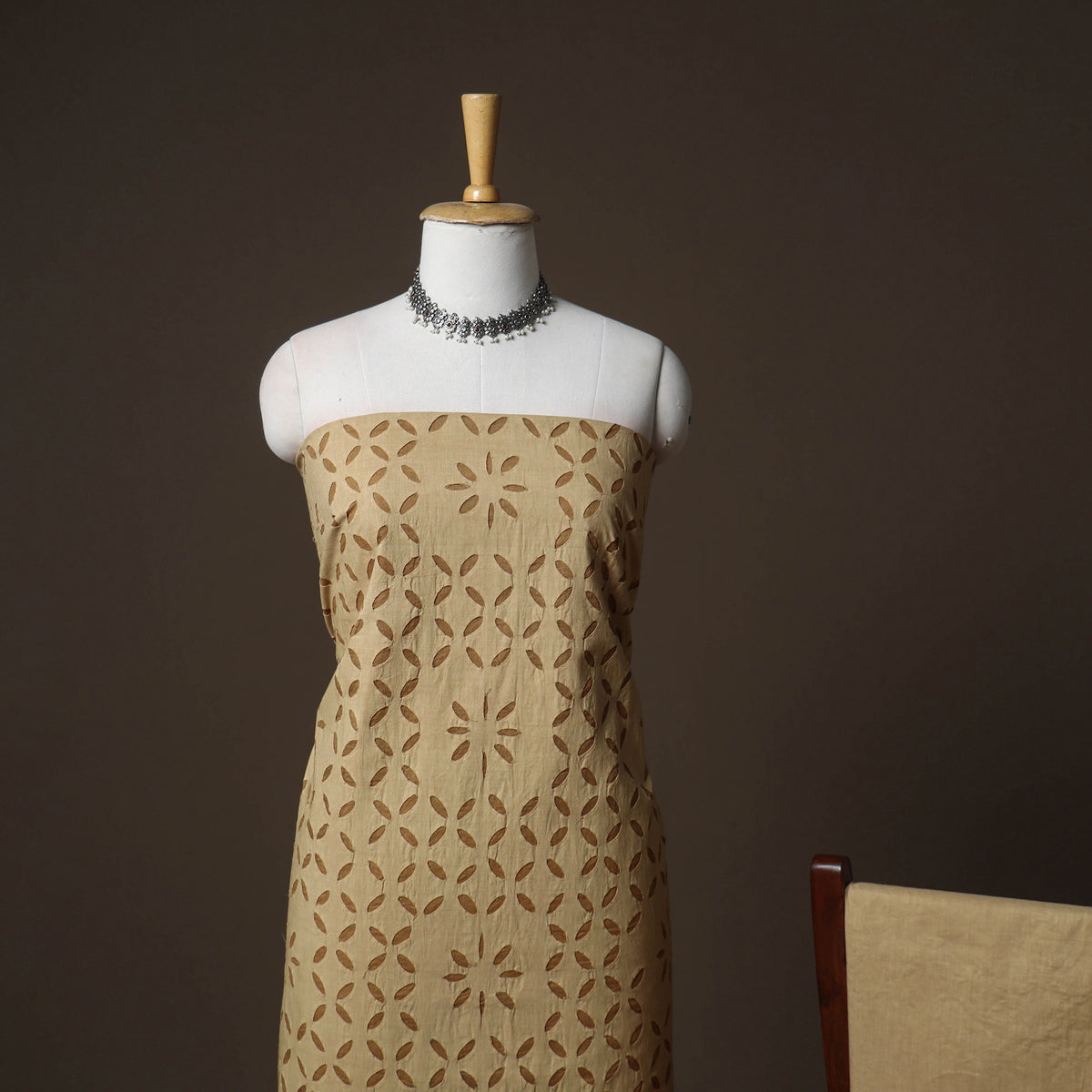 Applique Cutwork Cotton Unstitched Dress Material: Kurta, Bottom & Dupatta 33