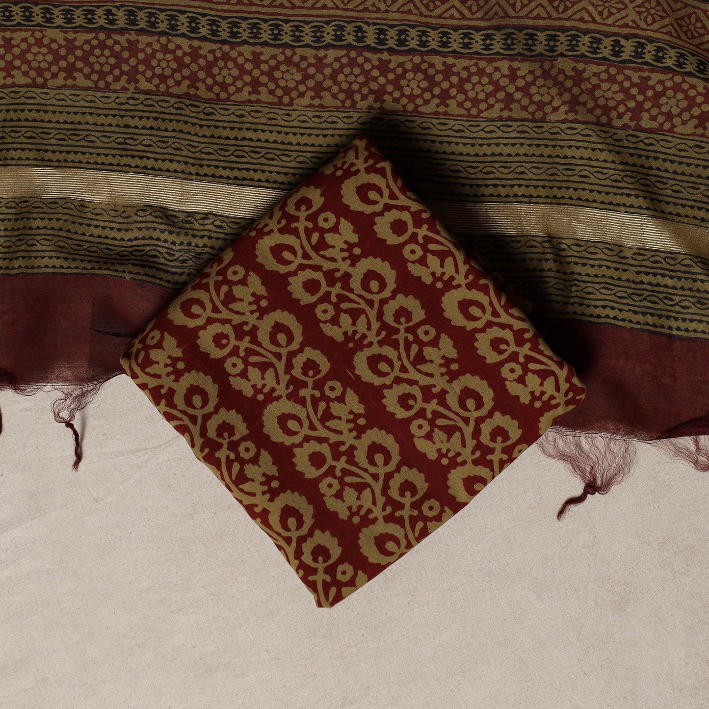 Bagh Hand Block Print Natural Dyed Chanderi Silk 3pc Unstitched Dress Material Suit Set 38