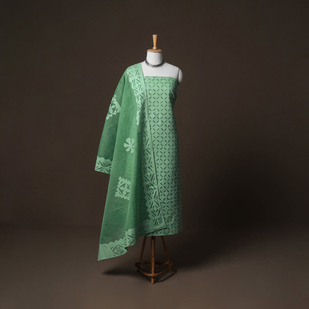 Applique Cutwork Cotton Unstitched Dress Material: Kurta, Bottom & Dupatta 34