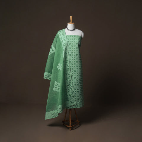 Green - Applique Cutwork Cotton Unstitched Dress Material: Kurta, Bottom & Dupatta 34