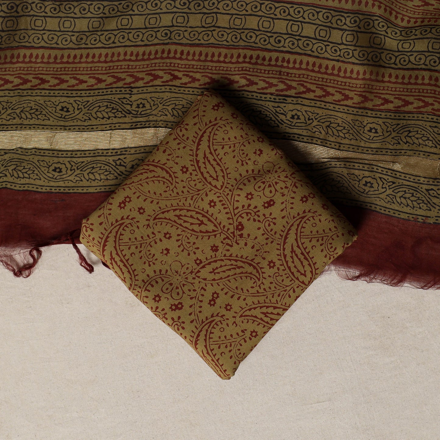 Bagh Hand Block Print Natural Dyed Chanderi Silk 3pc Unstitched Dress Material Suit Set 39