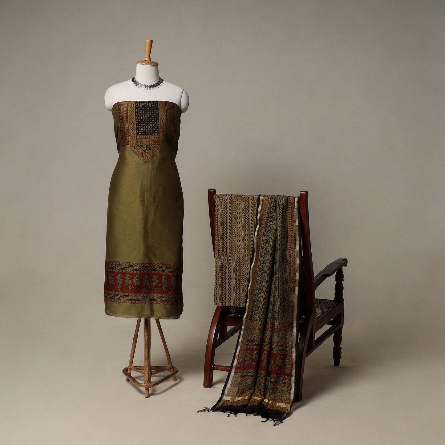 Bagh Hand Block Print Natural Dyed Chanderi Silk 3pc Unstitched Dress Material Suit Set 40