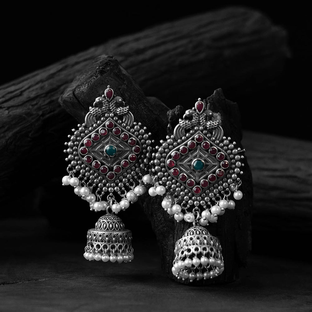 Maroon - saanjh bela mayur oxidised jhumka earrings