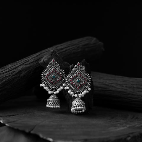 Maroon - saanjh bela mayur oxidised jhumka earrings