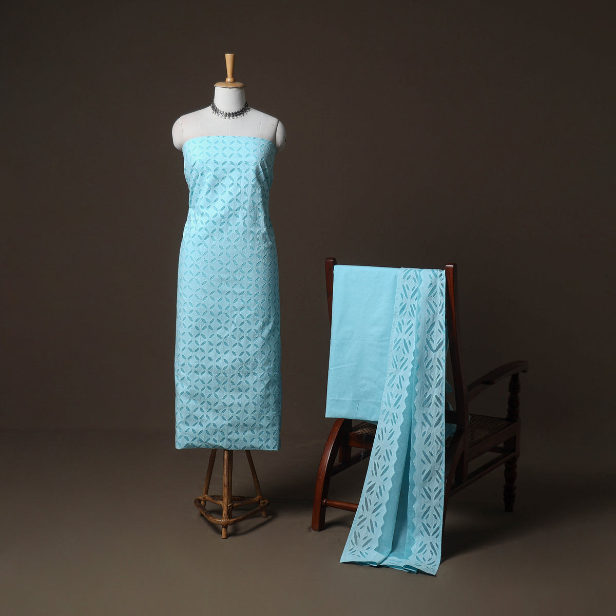Applique Cutwork Cotton Unstitched Dress Material: Kurta, Bottom & Dupatta 35