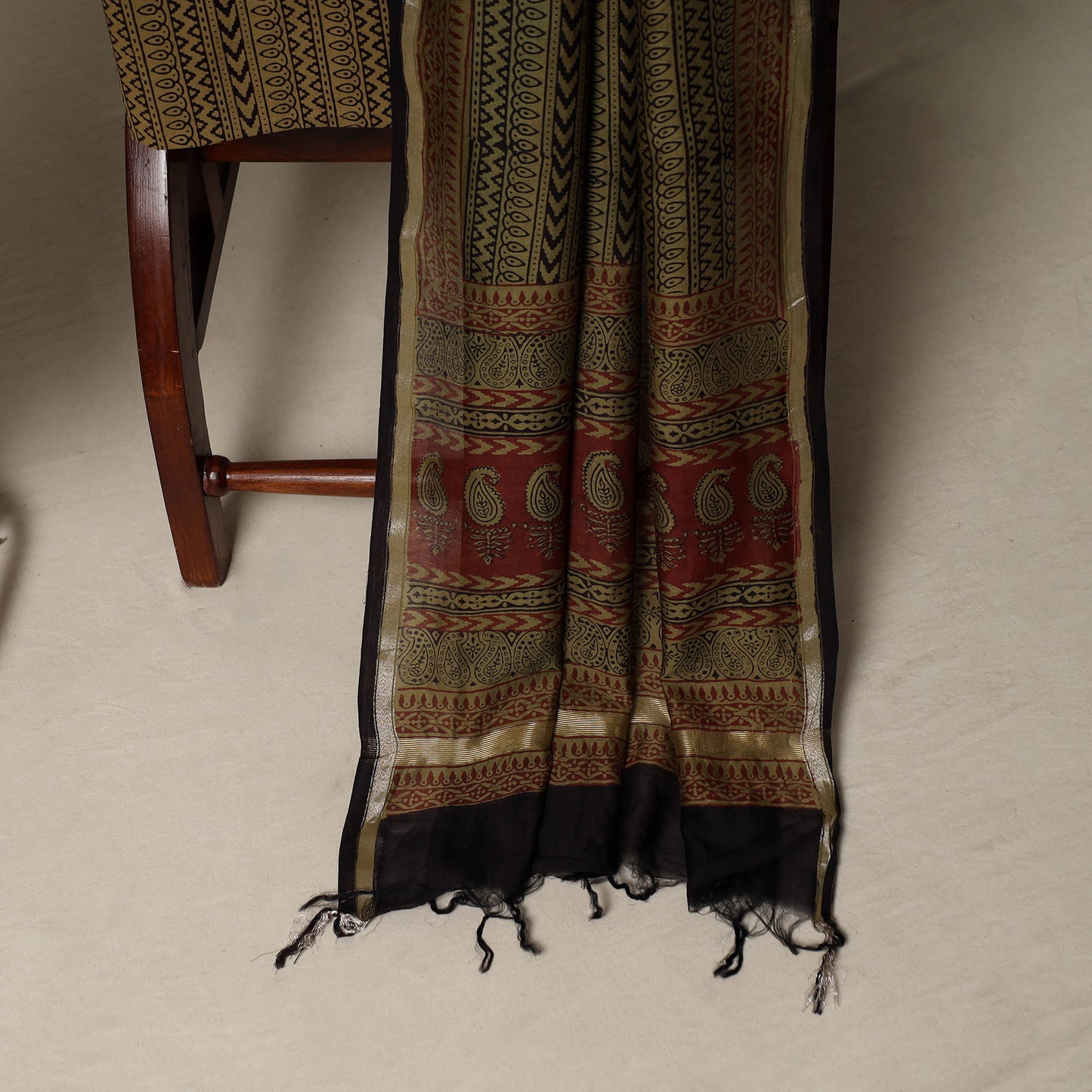 Bagh Hand Block Print Natural Dyed Chanderi Silk 3pc Unstitched Dress Material Suit Set 40