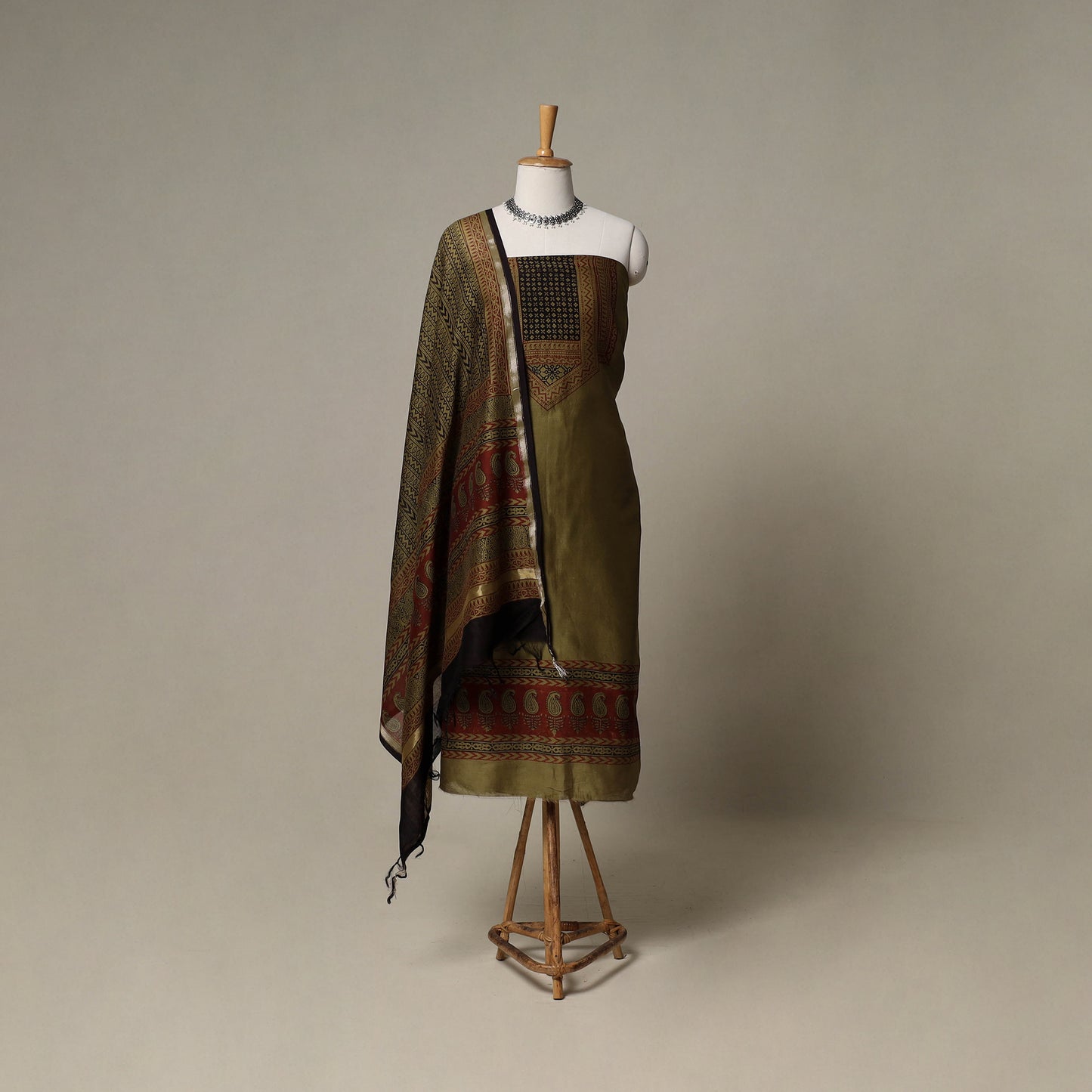 Bagh Hand Block Print Natural Dyed Chanderi Silk 3pc Unstitched Dress Material Suit Set 40