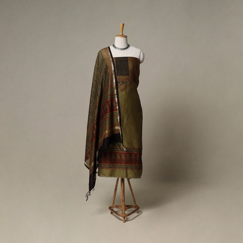 Bagh Hand Block Print Natural Dyed Chanderi Silk 3pc Unstitched Dress Material Suit Set 40