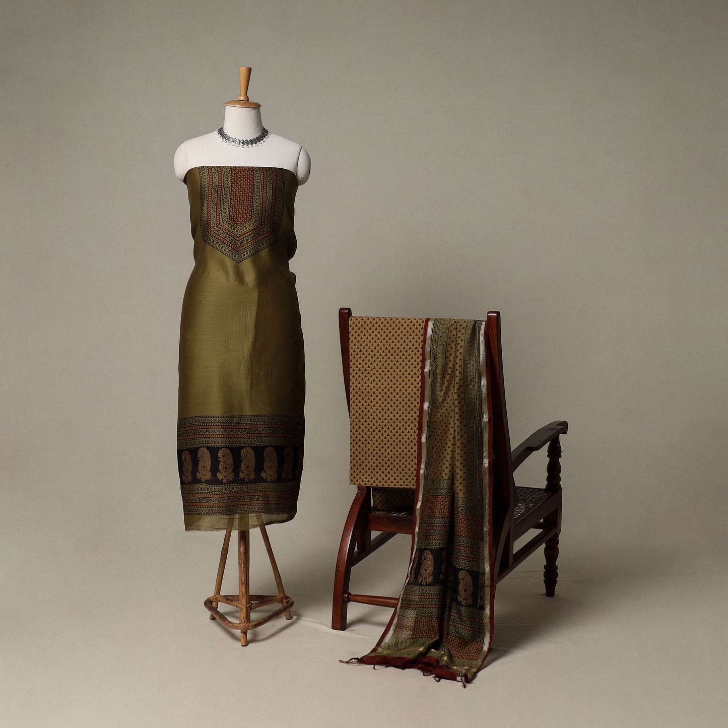 Bagh Hand Block Print Natural Dyed Chanderi Silk 3pc Unstitched Dress Material Suit Set 41