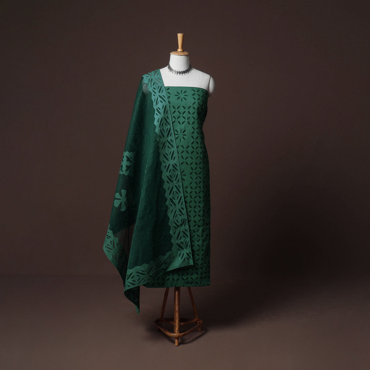 Applique Cutwork Cotton Unstitched Dress Material: Kurta, Bottom & Dupatta 36