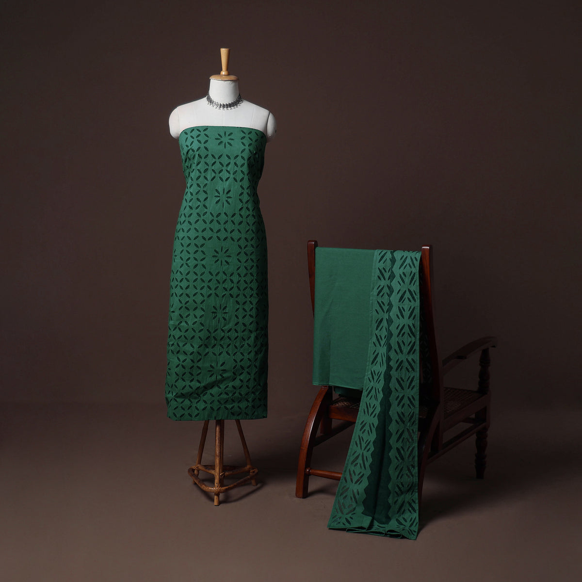 Applique Cutwork Cotton Unstitched Dress Material: Kurta, Bottom & Dupatta 36