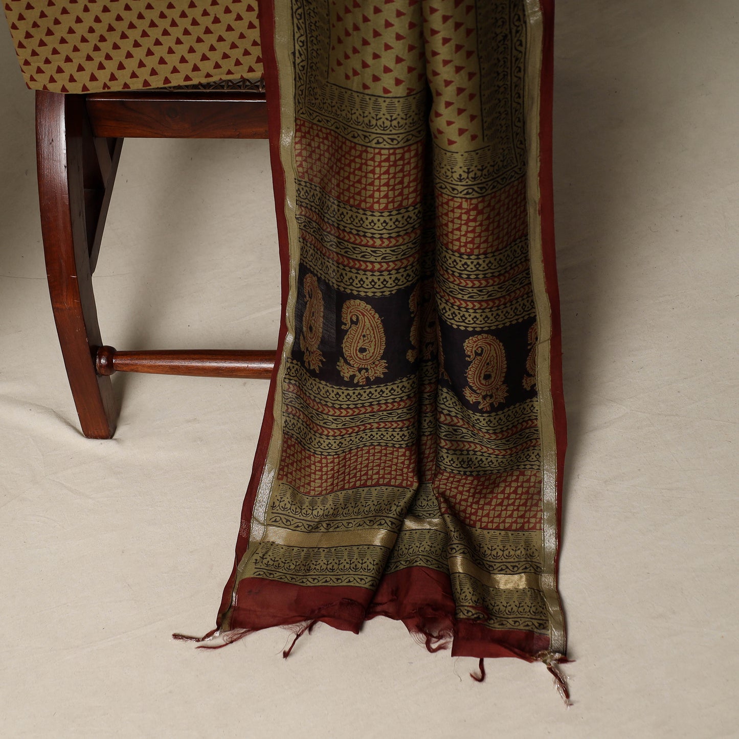 Bagh Hand Block Print Natural Dyed Chanderi Silk 3pc Unstitched Dress Material Suit Set 41