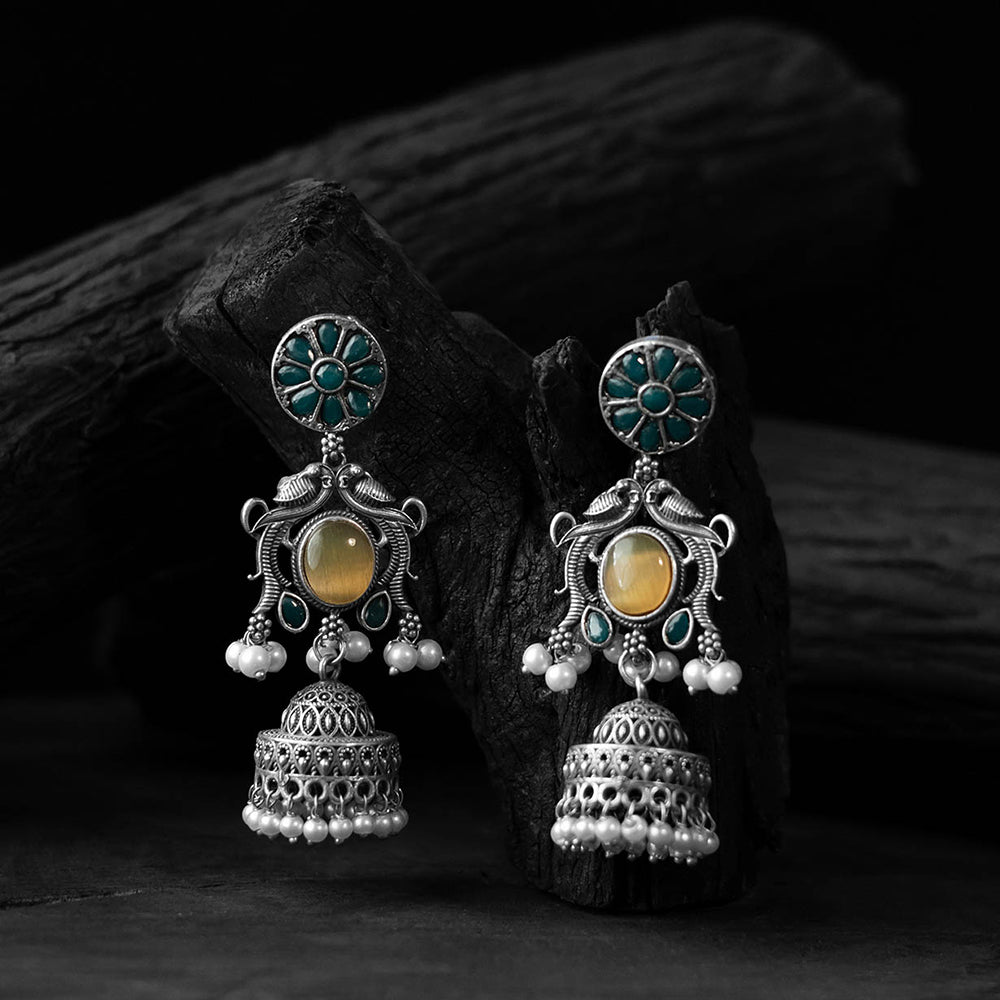 Yellow - saanjh bela flower motif oxidised jhumka earrings