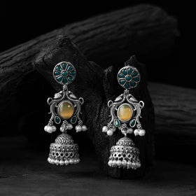 Yellow - saanjh bela flower motif oxidised jhumka earrings