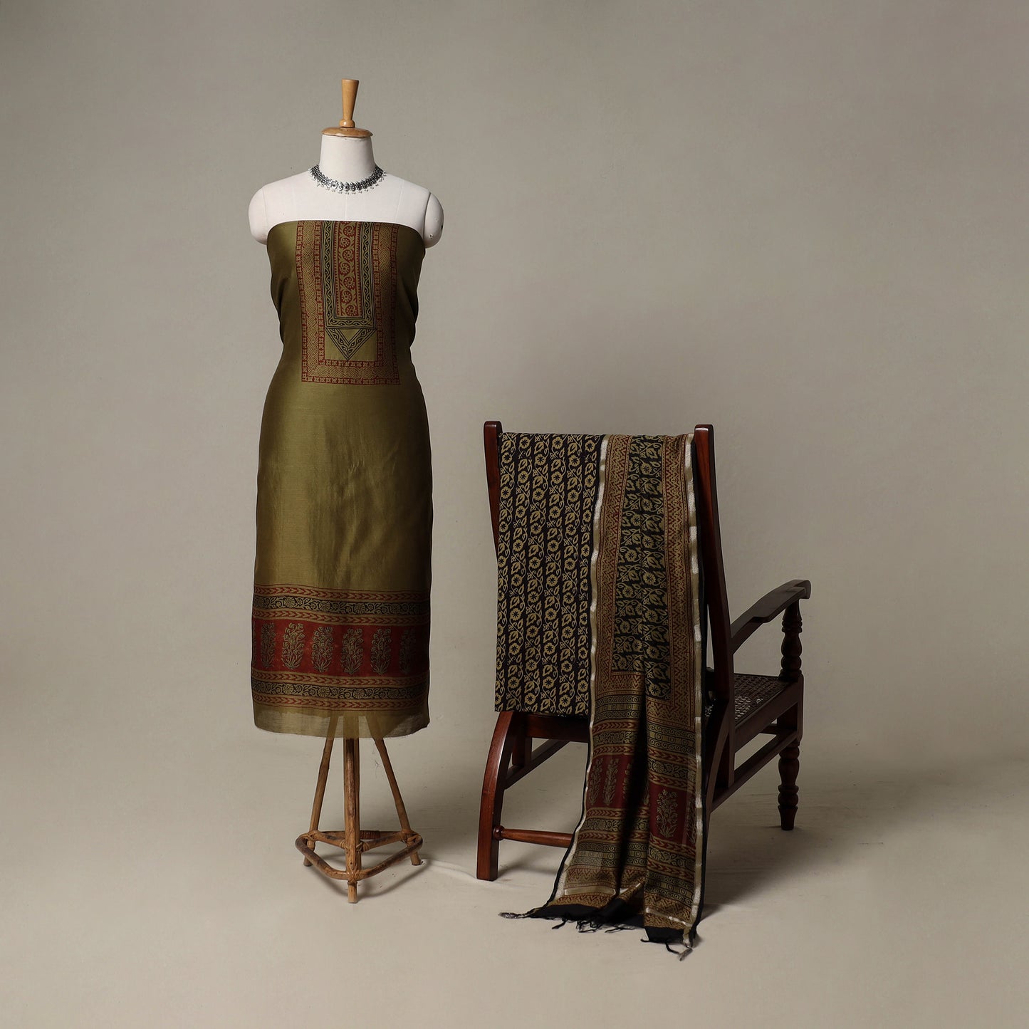 Bagh Hand Block Print Natural Dyed Chanderi Silk 3pc Unstitched Dress Material Suit Set 42