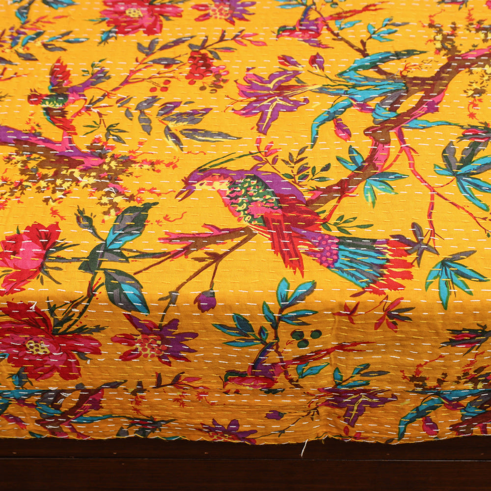 Yellow - Jaipur Print Double Tagai Kantha Bed Cover 22