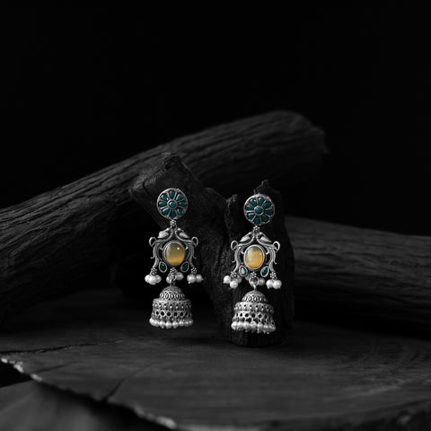 Yellow - saanjh bela flower motif oxidised jhumka earrings