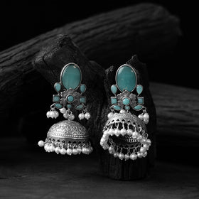 Turquoise blue - saanjh bela stone oxidised jhumka earrings