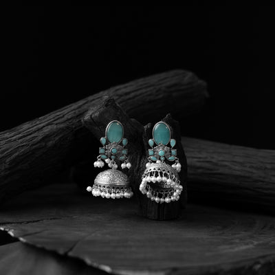 Turquoise blue - saanjh bela stone oxidised jhumka earrings
