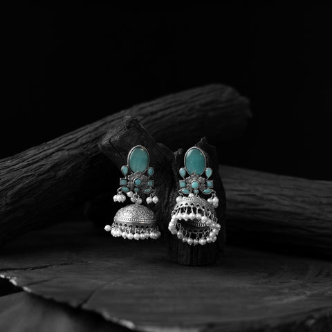 Turquoise blue - saanjh bela stone oxidised jhumka earrings