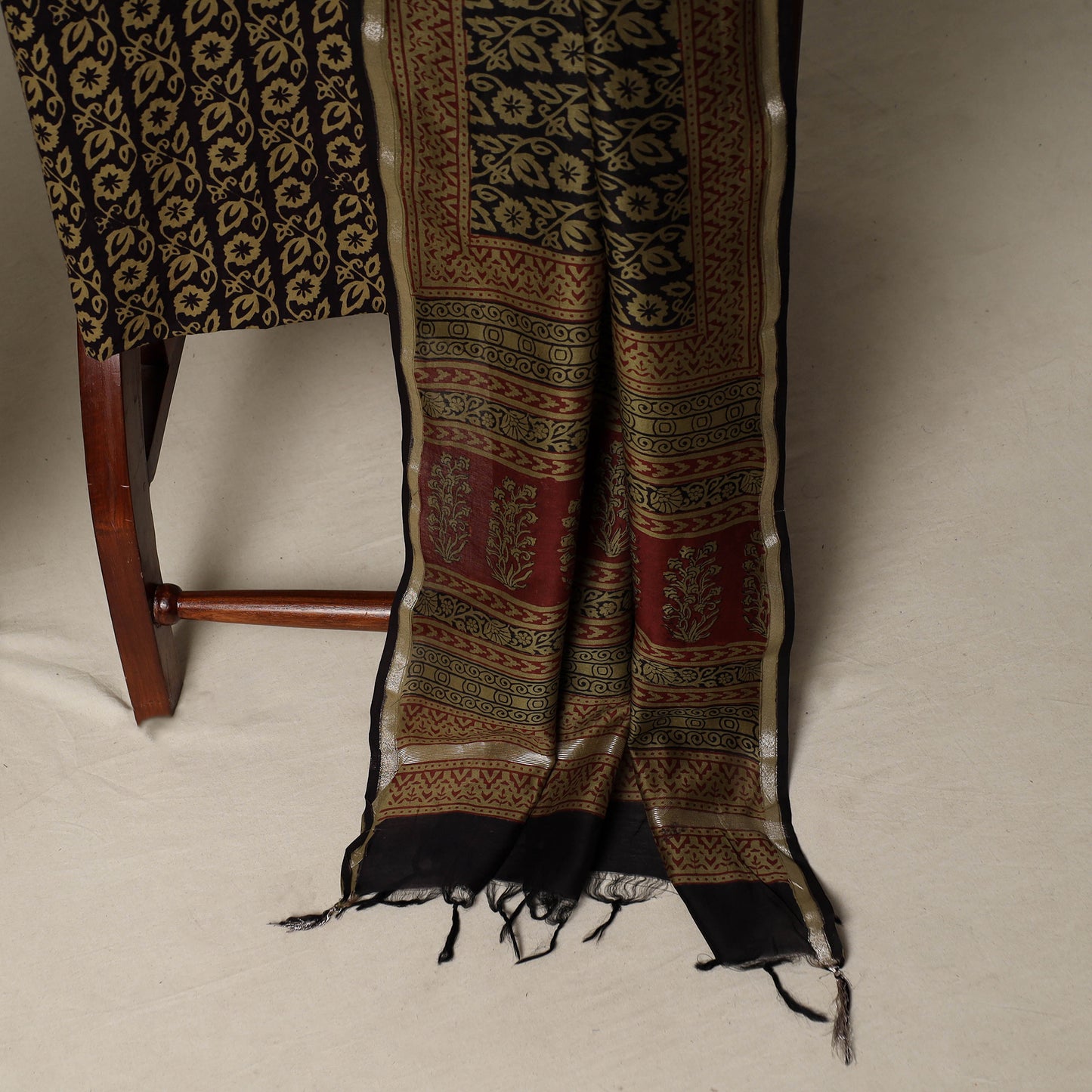 Bagh Hand Block Print Natural Dyed Chanderi Silk 3pc Unstitched Dress Material Suit Set 42