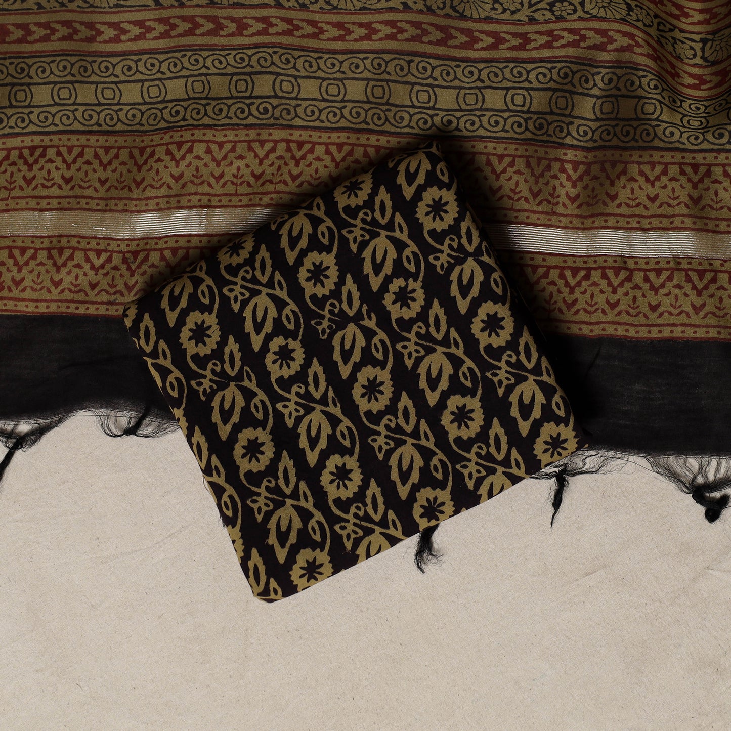 Bagh Hand Block Print Natural Dyed Chanderi Silk 3pc Unstitched Dress Material Suit Set 42