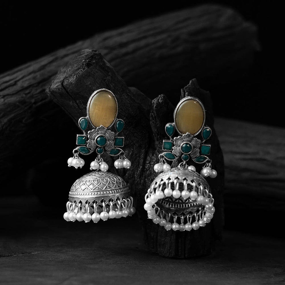 Yellow - saanjh bela stone oxidised jhumka earrings