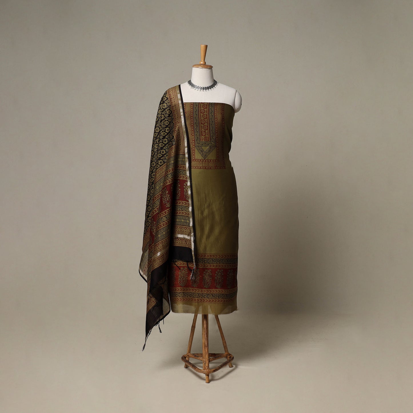 Bagh Hand Block Print Natural Dyed Chanderi Silk 3pc Unstitched Dress Material Suit Set 42