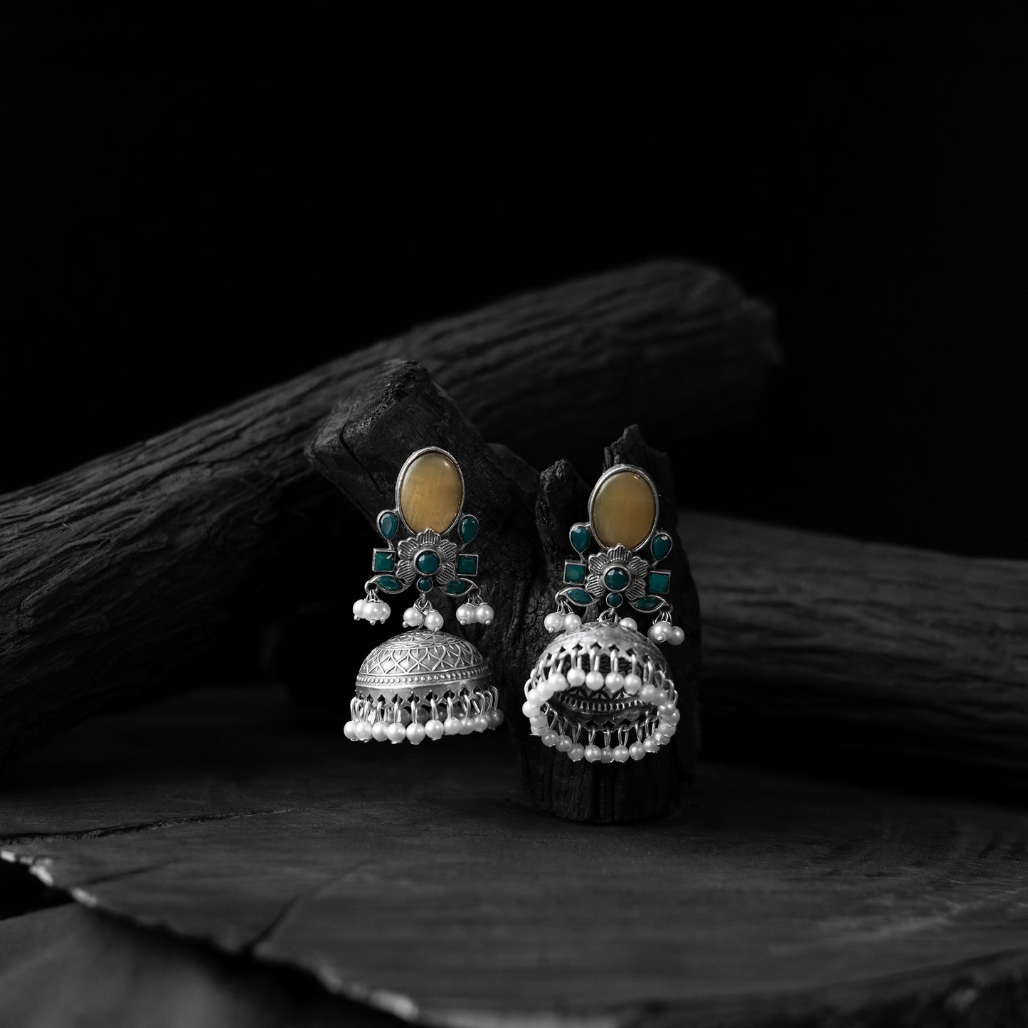 Yellow - saanjh bela stone oxidised jhumka earrings