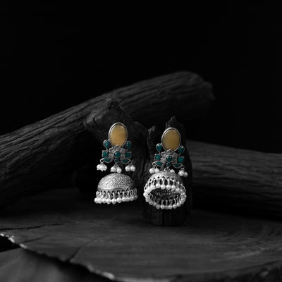 Yellow - saanjh bela stone oxidised jhumka earrings