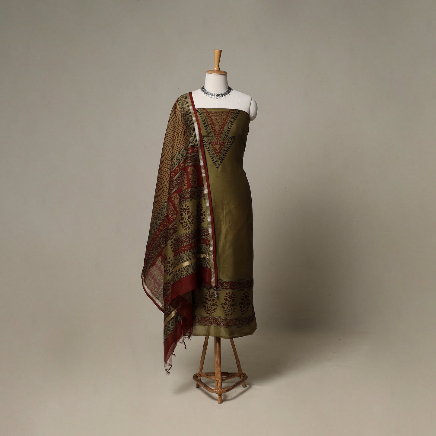 Bagh Hand Block Print Natural Dyed Chanderi Silk 3pc Unstitched Dress Material Suit Set 43