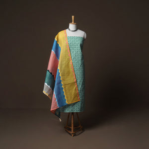 Green - Applique Cutwork Cotton Unstitched Dress Material: Kurta, Bottom & Dupatta 37