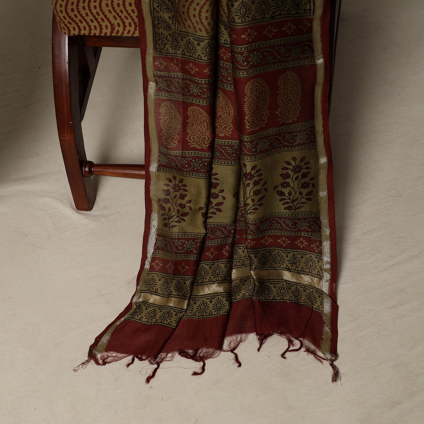 Bagh Hand Block Print Natural Dyed Chanderi Silk 3pc Unstitched Dress Material Suit Set 43