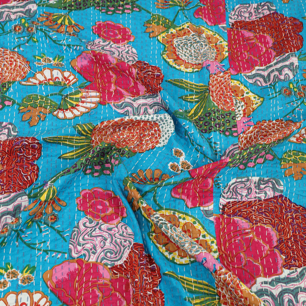 Blue - Jaipur Print Double Tagai Kantha Bed Cover 24