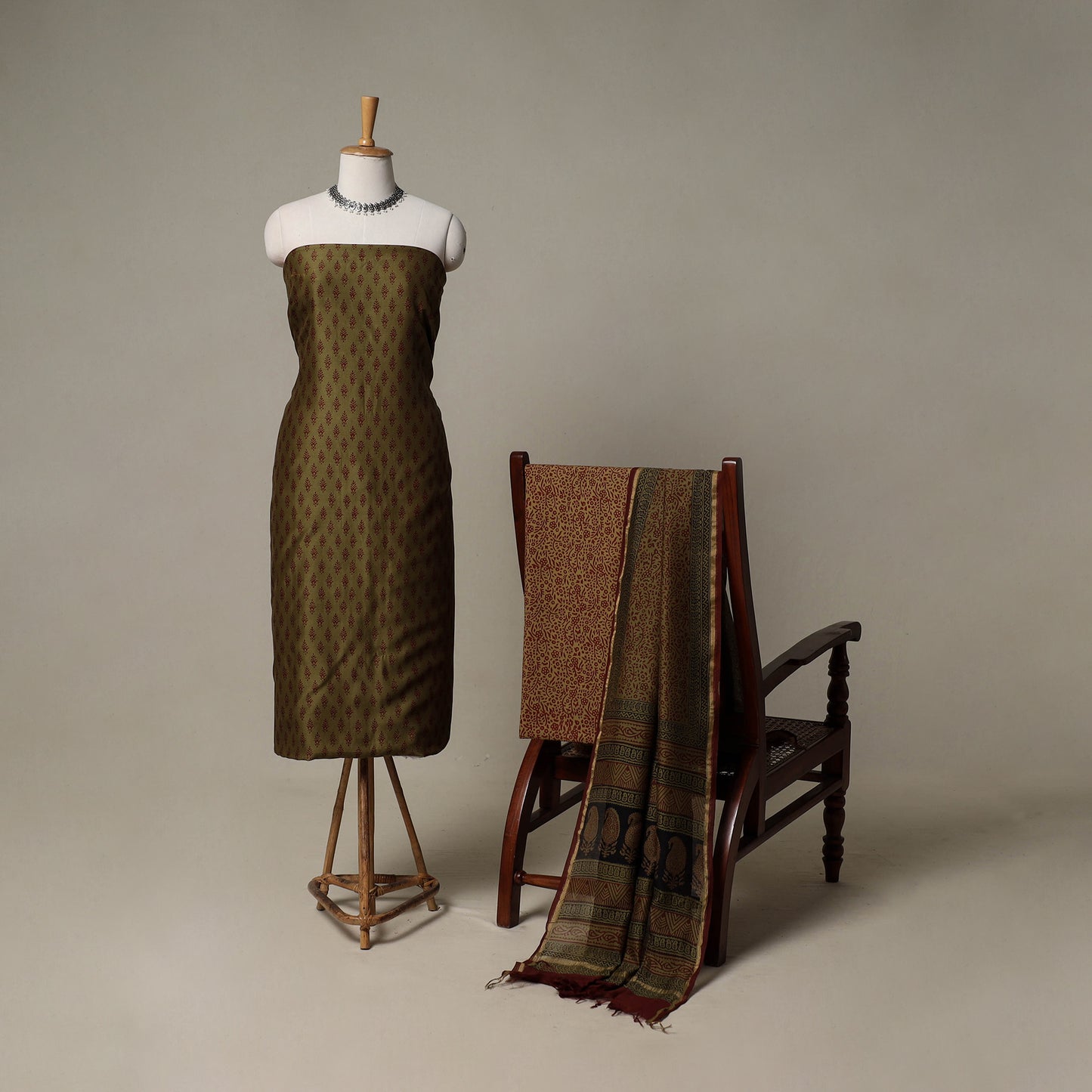 Bagh Hand Block Print Natural Dyed Chanderi Silk 3pc Unstitched Dress Material Suit Set 44
