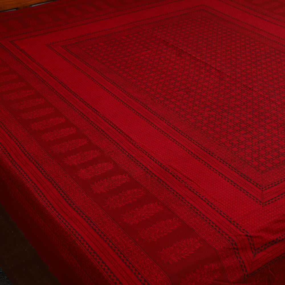 Red - Block Print Cotton Bagh Double Bed Sheet (108 x 90 in)