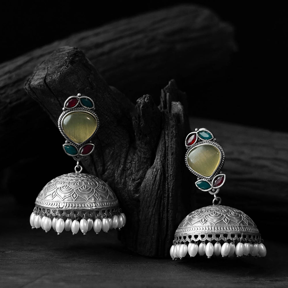 Yellow - saanjh bela leaves oxidised jhumka earrings