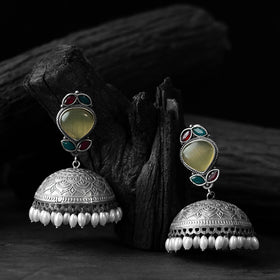 Yellow - saanjh bela leaves oxidised jhumka earrings