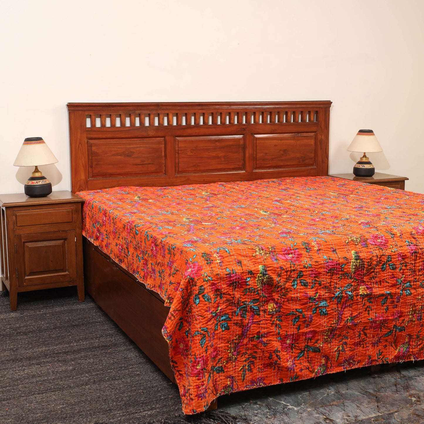 Orange - Jaipur Print Double Tagai Kantha Bed Cover 27