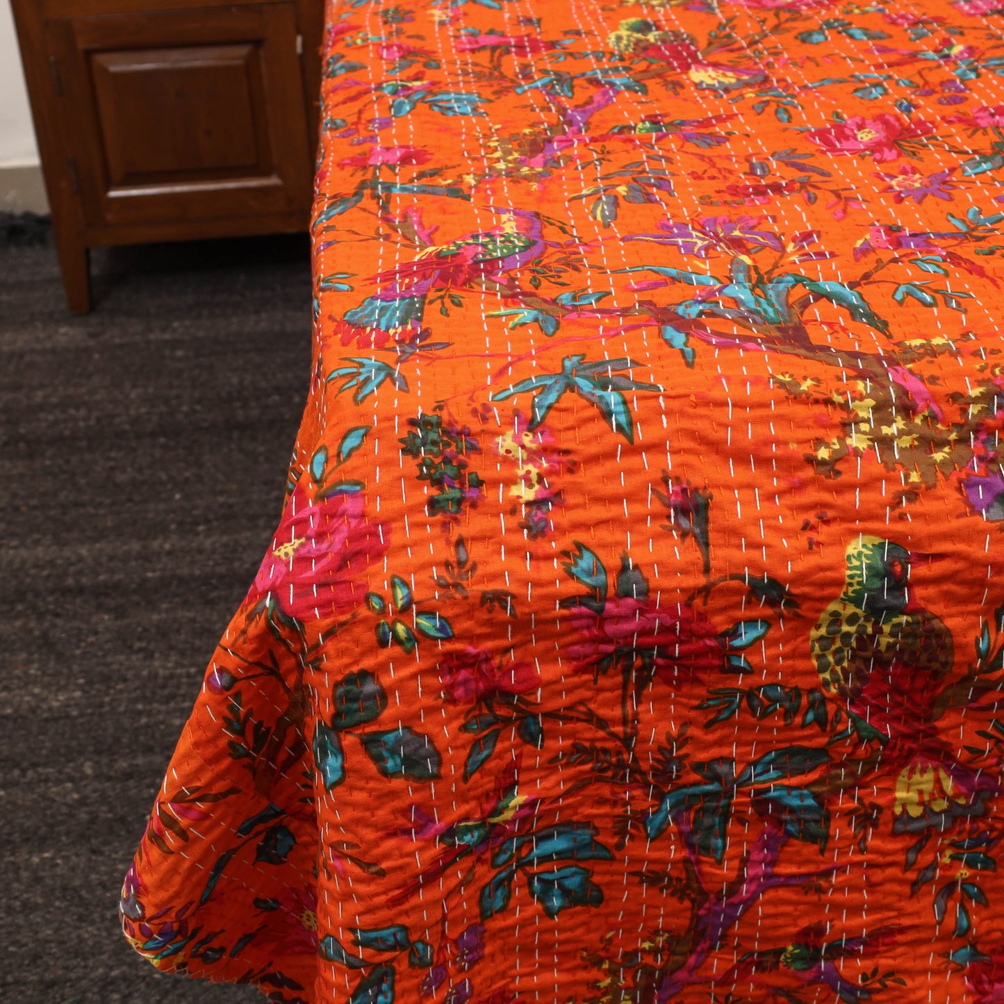 Orange - Jaipur Print Double Tagai Kantha Bed Cover 27